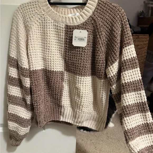 Altar'd State Cream and Brown Patchwork Sweater - Picture 2 of 3